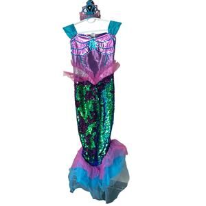 Glittery Mermaid Halloween Costume Sequins Tulle Tiara Crown Girls Sz M 7/8